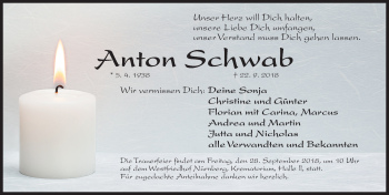 Traueranzeige von Anton Schwab von Gesamtausgabe Nürnberger Nachrichten/ Nürnberger Ztg.
