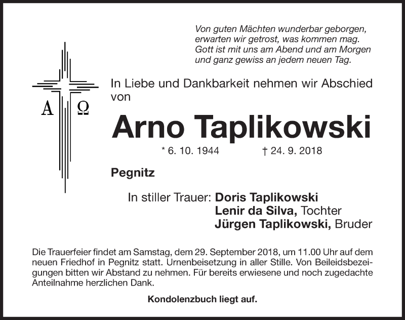  Traueranzeige für Arno Taplikowski vom 27.09.2018 aus Nordbayerische Nachrichten Pegnitz Lokal