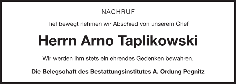  Traueranzeige für Arno Taplikowski vom 27.09.2018 aus Nordbayerische Nachrichten Pegnitz Lokal