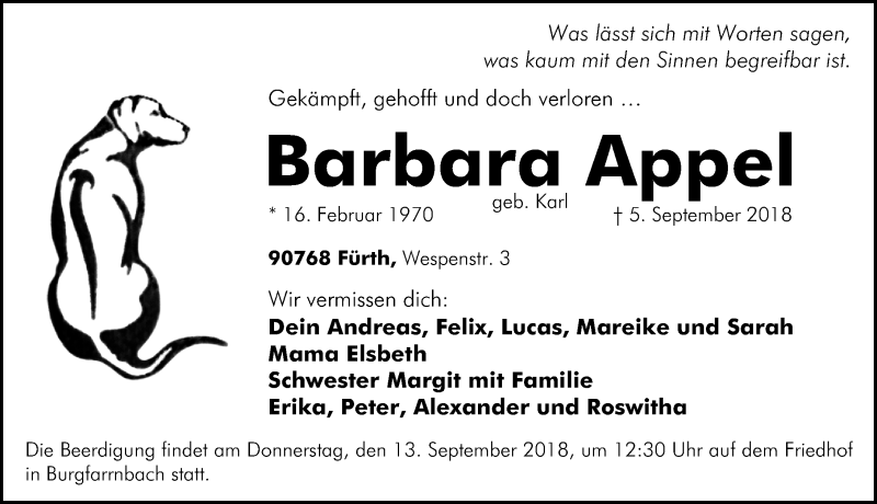  Traueranzeige für Barbara Appel vom 08.09.2018 aus Fürther Nachrichten Lokal