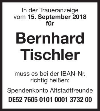 Traueranzeige von Bernhard Tischler von Gesamtausgabe Nürnberger Nachrichten/ Nürnberger Ztg.