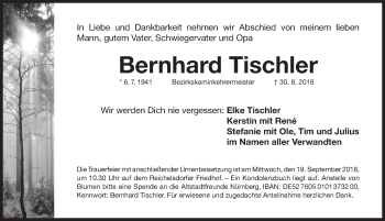 Traueranzeige von Bernhard Tischler von Gesamtausgabe Nürnberger Nachrichten/ Nürnberger Ztg.