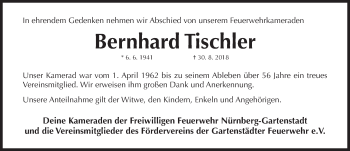 Traueranzeige von Bernhard Tischler von Gesamtausgabe Nürnberger Nachrichten/ Nürnberger Ztg.