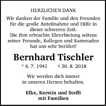 Traueranzeige von Bernhard Tischler von Gesamtausgabe Nürnberger Nachrichten/ Nürnberger Ztg.