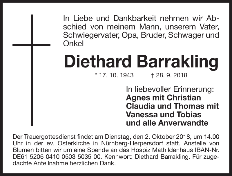  Traueranzeige für Diethard Barrakling vom 01.10.2018 aus Gesamtausgabe Nürnberger Nachrichten/ Nürnberger Ztg.