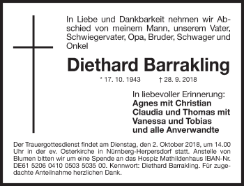 Traueranzeige von Diethard Barrakling von Gesamtausgabe Nürnberger Nachrichten/ Nürnberger Ztg.