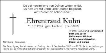 Traueranzeige von Ehrentraud Kuhn von Gesamtausgabe Nürnberger Nachrichten/ Nürnberger Ztg.
