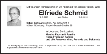 Traueranzeige von Elfriede Schmid von Gesamtausgabe Nürnberger Nachrichten/ Nürnberger Ztg.