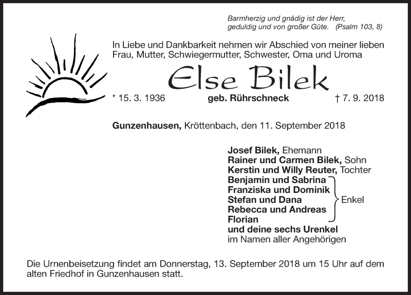  Traueranzeige für Else Bilek vom 11.09.2018 aus Altmühl-Bote Lokal