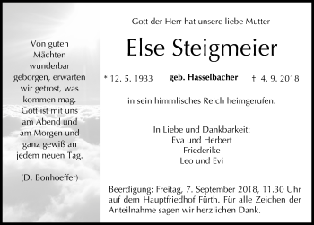Traueranzeige von Else Steigmeier von Gesamtausgabe Nürnberger Nachrichten/ Nürnberger Ztg.
