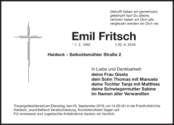 Traueranzeige von Emil Fritsch von Roth-Hilpoltsteiner Volkszeitung Lokal