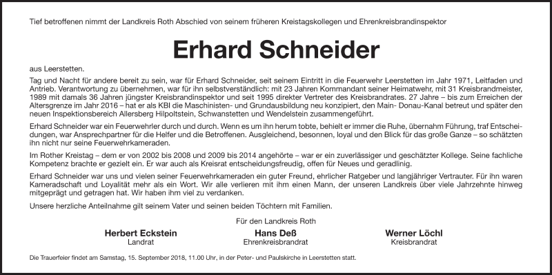  Traueranzeige für Erhard Schneider vom 14.09.2018 aus Roth-Hilpoltsteiner Volkszeitung Lokal