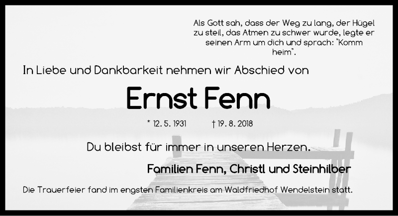  Traueranzeige für Ernst Fenn vom 07.09.2018 aus Gesamtausgabe Nürnberger Nachrichten/ Nürnberger Ztg.