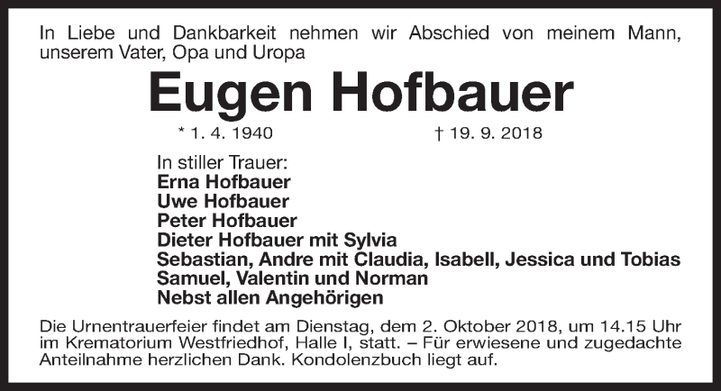  Traueranzeige für Eugen Hofbauer vom 29.09.2018 aus Gesamtausgabe Nürnberger Nachrichten/ Nürnberger Ztg.
