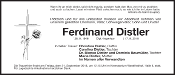 Traueranzeige von Ferdinand Distler von Gesamtausgabe Nürnberger Nachrichten/ Nürnberger Ztg.
