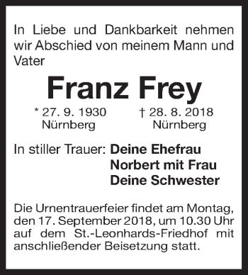 Traueranzeige von Franz Frey von Gesamtausgabe Nürnberger Nachrichten/ Nürnberger Ztg.