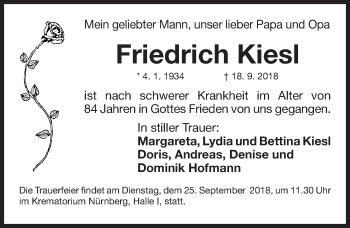 Traueranzeige von Friedrich Kies von Gesamtausgabe Nürnberger Nachrichten/ Nürnberger Ztg./ Fürther Nachrichten