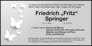 Traueranzeige von Friedrich Springer von Gesamtausgabe Nürnberger Nachrichten/ Nürnberger Ztg.