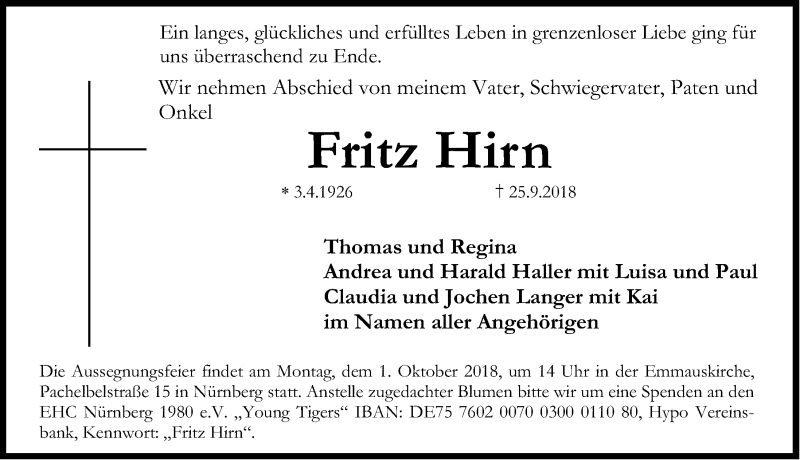  Traueranzeige für Fritz Hirn vom 28.09.2018 aus Gesamtausgabe Nürnberger Nachrichten/ Nürnberger Ztg.