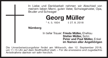 Traueranzeige von Georg Müller von Gesamtausgabe Nürnberger Nachrichten/ Nürnberger Ztg.