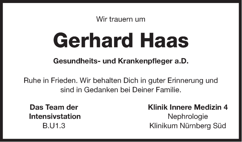  Traueranzeige für Gerhard Haas vom 03.09.2018 aus Gesamtausgabe Nürnberger Nachrichten/ Nürnberger Ztg.