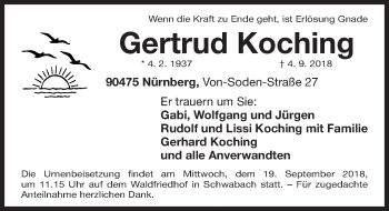 Traueranzeige von Gertrud Koching von Gesamtausgabe Nürnberger Nachrichten/ Nürnberger Ztg.