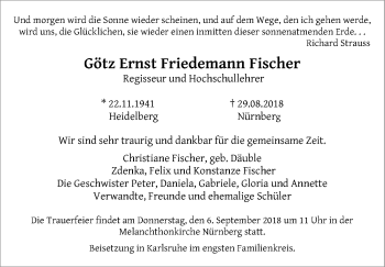 Traueranzeige von Götz Ernst Friedemann Fischer von Gesamtausgabe Nürnberger Nachrichten/ Nürnberger Ztg.