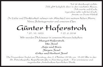 Traueranzeige von Günter Haferstroh von Gesamtausgabe Nürnberger Nachrichten/ Nürnberger Ztg.