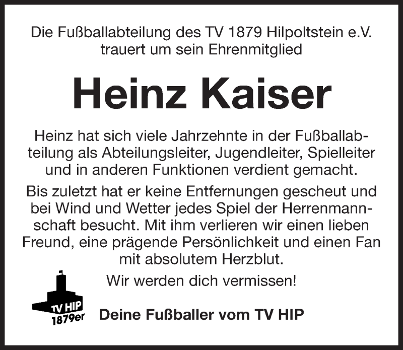  Traueranzeige für Heinz Kaiser vom 22.09.2018 aus Roth-Hilpoltsteiner Volkszeitung Lokal