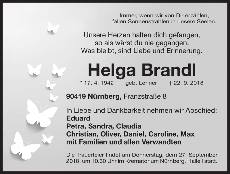  Traueranzeige für Helga Brandl vom 25.09.2018 aus Gesamtausgabe Nürnberger Nachrichten/ Nürnberger Ztg.