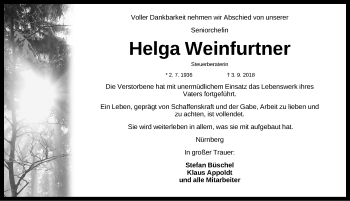 Traueranzeige von Helga Weinfurtner von Gesamtausgabe Nürnberger Nachrichten/ Nürnberger Ztg.
