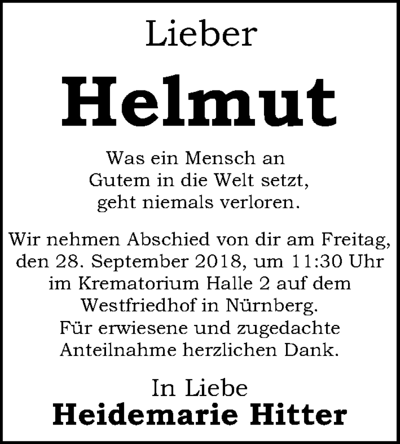  Traueranzeige für Helmut  vom 25.09.2018 aus Gesamtausgabe Nürnberger Nachrichten/ Nürnberger Ztg.