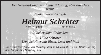 Traueranzeige von Helmut Schröter von Gesamtausgabe Nürnberger Nachrichten/ Nürnberger Ztg.