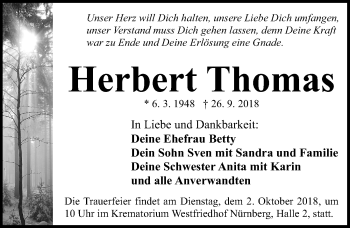 Traueranzeige von Herbert Thomas von Gesamtausgabe Nürnberger Nachrichten/ Nürnberger Ztg.