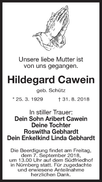 Traueranzeige von Hildegard Cawein von Gesamtausgabe Nürnberger Nachrichten/ Nürnberger Ztg.