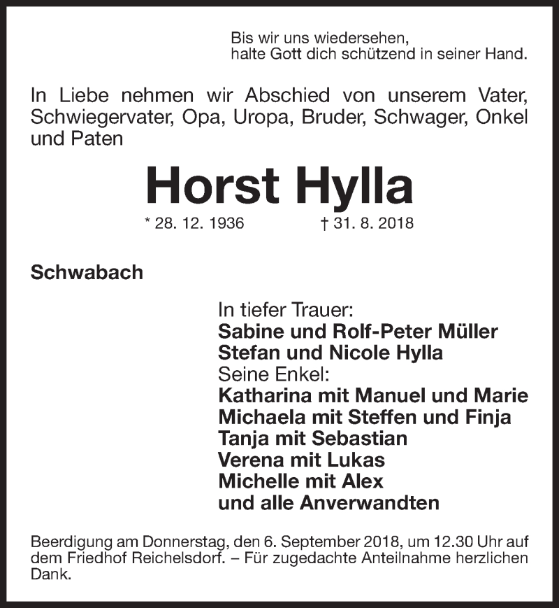  Traueranzeige für Horst Hylla vom 03.09.2018 aus Gesamtausgabe Nürnberger Nachrichten/ Nürnberger Ztg.