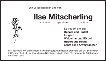 Traueranzeige von Ilse Mitscherling von Gesamtausgabe Nürnberger Nachrichten/ Nürnberger Ztg.