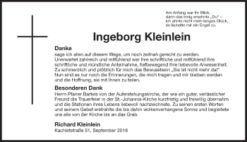 Traueranzeige von Ingeborg Kleinlein von Gesamtausgabe Nürnberger Nachrichten/ Nürnberger Ztg.