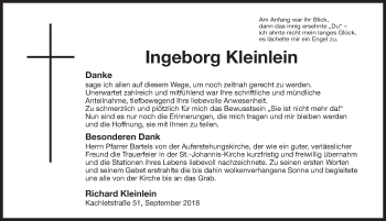 Traueranzeige von Ingeborg Kleinlein von Gesamtausgabe Nürnberger Nachrichten/ Nürnberger Ztg.