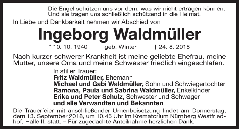  Traueranzeige für Ingeborg Waldmüller vom 08.09.2018 aus Gesamtausgabe Nürnberger Nachrichten/ Nürnberger Ztg.