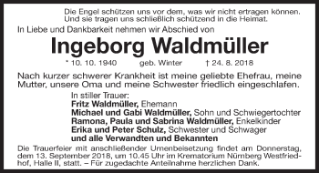 Traueranzeige von Ingeborg Waldmüller von Gesamtausgabe Nürnberger Nachrichten/ Nürnberger Ztg.