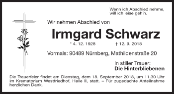 Traueranzeige von Irmgard Schwarz von Gesamtausgabe Nürnberger Nachrichten/ Nürnberger Ztg.