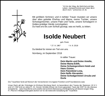 Traueranzeige von Isolde Neubert von Gesamtausgabe Nürnberger Nachrichten/ Nürnberger Ztg.