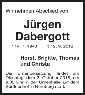 Traueranzeige von Jürgen Dabergott von Gesamtausgabe Nürnberger Nachrichten/ Nürnberger Ztg.
