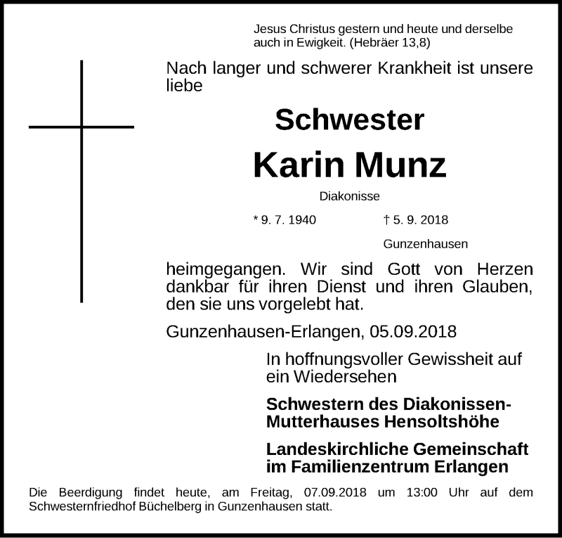  Traueranzeige für Karin Munz vom 07.09.2018 aus Erlanger Nachrichten Lokal