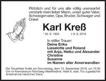 Traueranzeige von Karl Kreß von Gesamtausgabe Nürnberger Nachrichten/ Nürnberger Ztg.