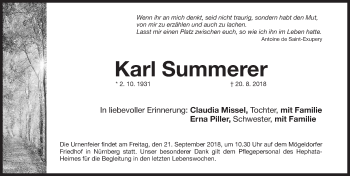 Traueranzeige von Karl Summerer von Gesamtausgabe Nürnberger Nachrichten/ Nürnberger Ztg.