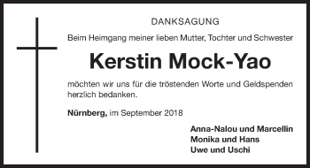 Traueranzeige von Kerstin Mock-Yao von Gesamtausgabe Nürnberger Nachrichten/ Nürnberger Ztg.