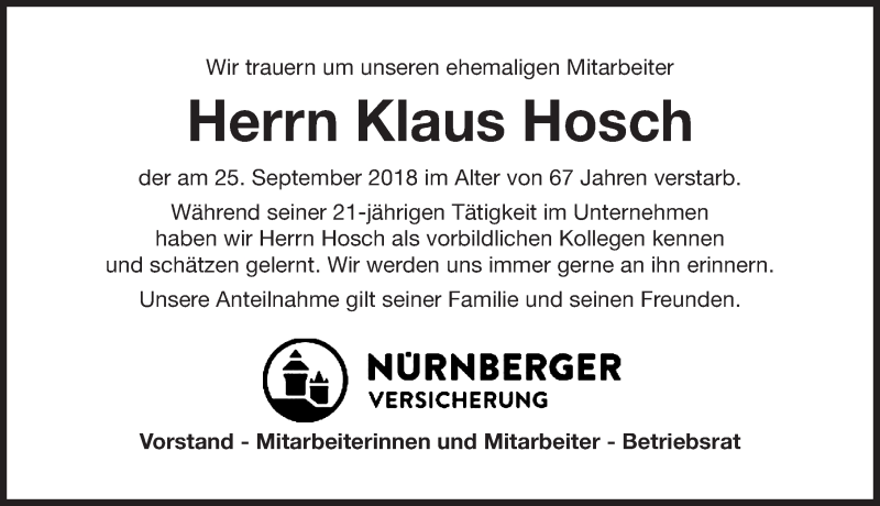  Traueranzeige für Klaus Hosch vom 01.10.2018 aus Gesamtausgabe Nürnberger Nachrichten/ Nürnberger Ztg.