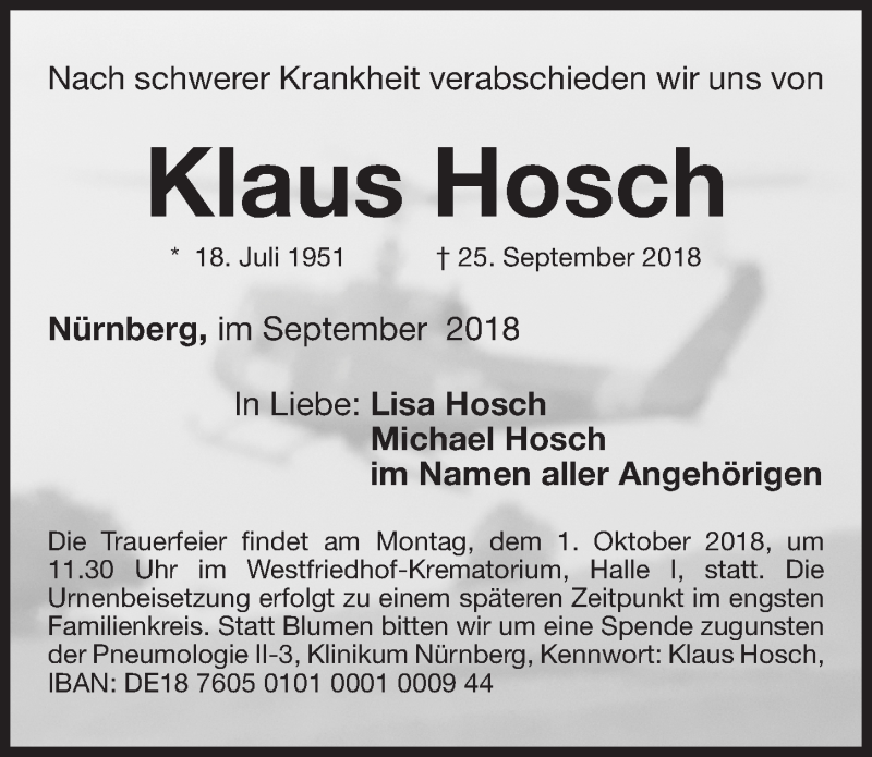  Traueranzeige für Klaus Hosch vom 28.09.2018 aus Gesamtausgabe Nürnberger Nachrichten/ Nürnberger Ztg.